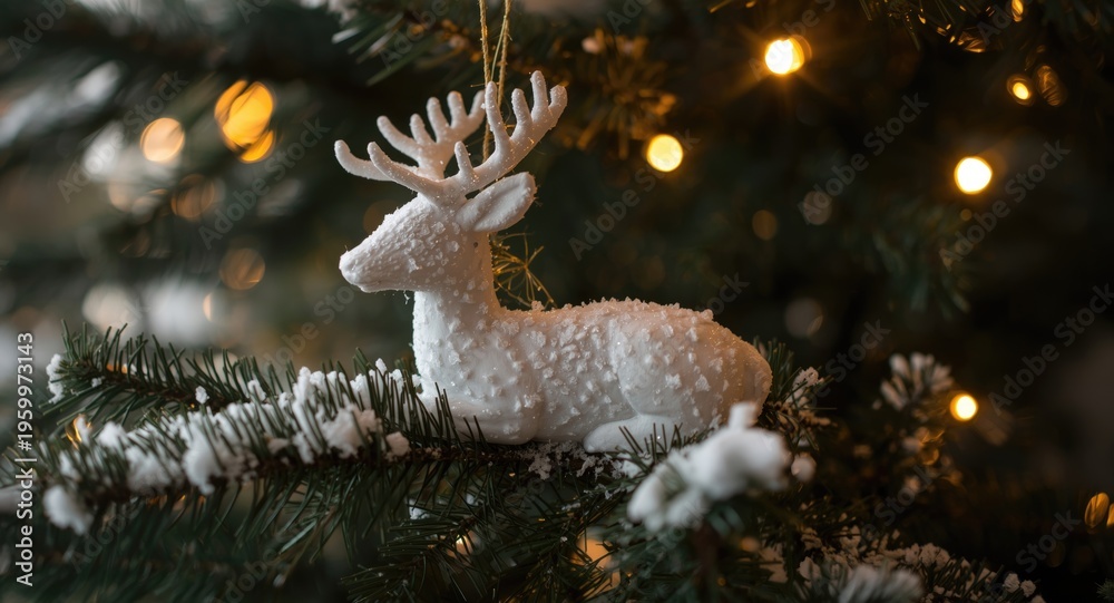 Obraz premium Serene white deer ornament resting on a snowy Christmas tree limb with glowing holiday lights
