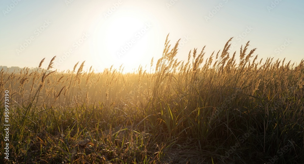 Fototapeta premium Morning sun highlighting the wild grasses on the shore with copy space