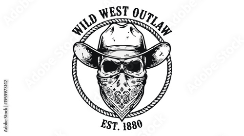 Wild west outlaw skull logo with cowboy hat and bandana