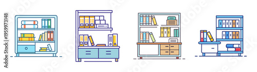 Illustration of office bookshelves with books and files for home office organization and storage solutions