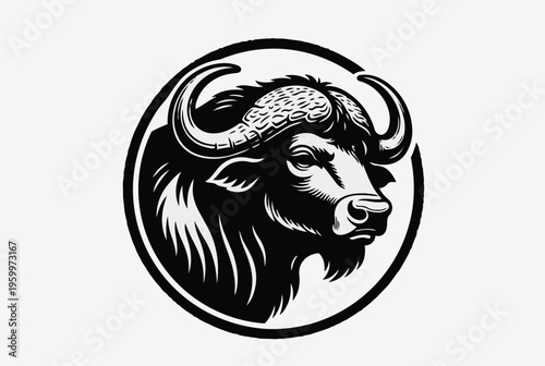 Black and white illustration of a bison head in a circular frame