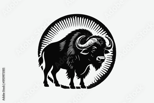 Black and white illustration of a bison with large horns in a circular design