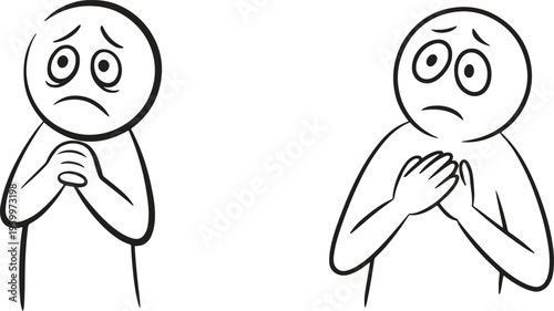 Two worried stick figures with clasped hands express anxiety and concern.