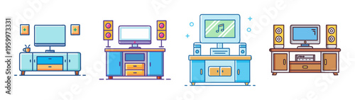 Illustration of entertainment centers with tvs and speakers for home entertainment system design