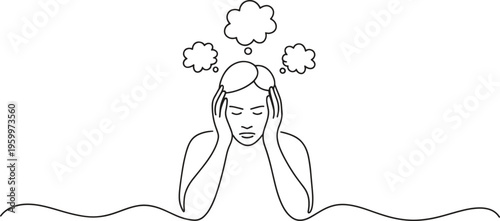 A person in continuous line art holds their head contemplating with thought bubbles.