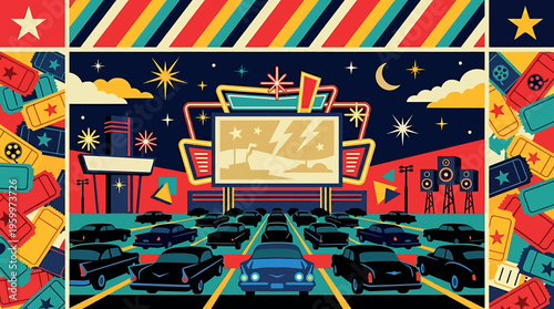 Vibrant illustration of a movie theater at night isolated on transparent background