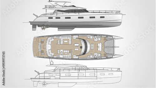 Catamaran Yacht CAD Blueprint, Twin Hull Side Elevation, Top Deck Plan and Structural Section Vector
