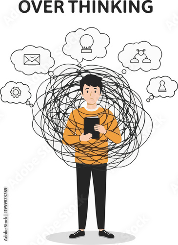 A cartoon man overwhelmed with thoughts and ideas in his mind