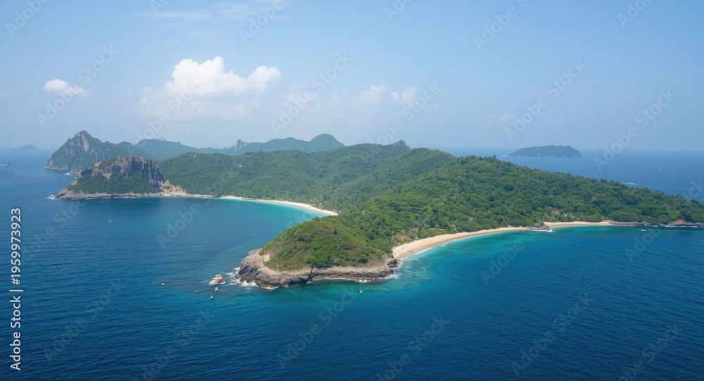 Fototapeta premium Natural island view with lush hills, beaches, and blue waters