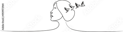 A woman's head in continuous line art with birds flying from her mind.