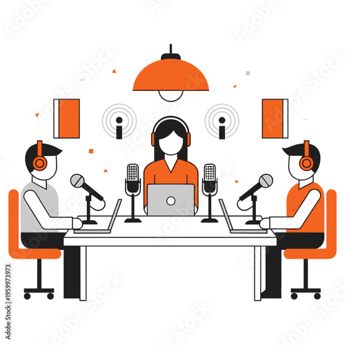 Three people recording a podcast with microphones, laptops, and orange wifi symbols