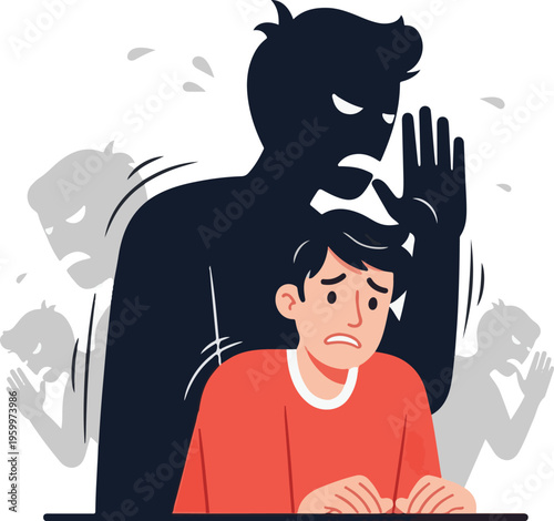 A young boy feeling anxious and scared with a dark shadow looming over him