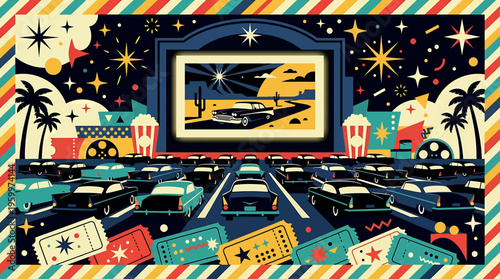 Vibrant illustration of a movie theater at night isolated on transparent background