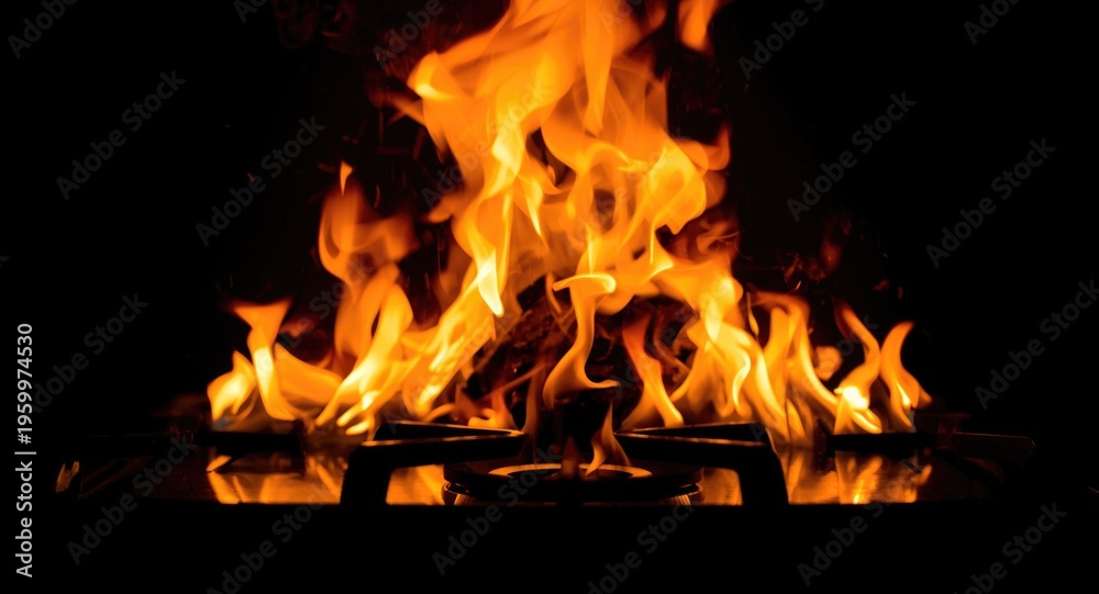Obraz premium Kitchen stovetop engulfed in bright flames representing cooking hazard and fire danger