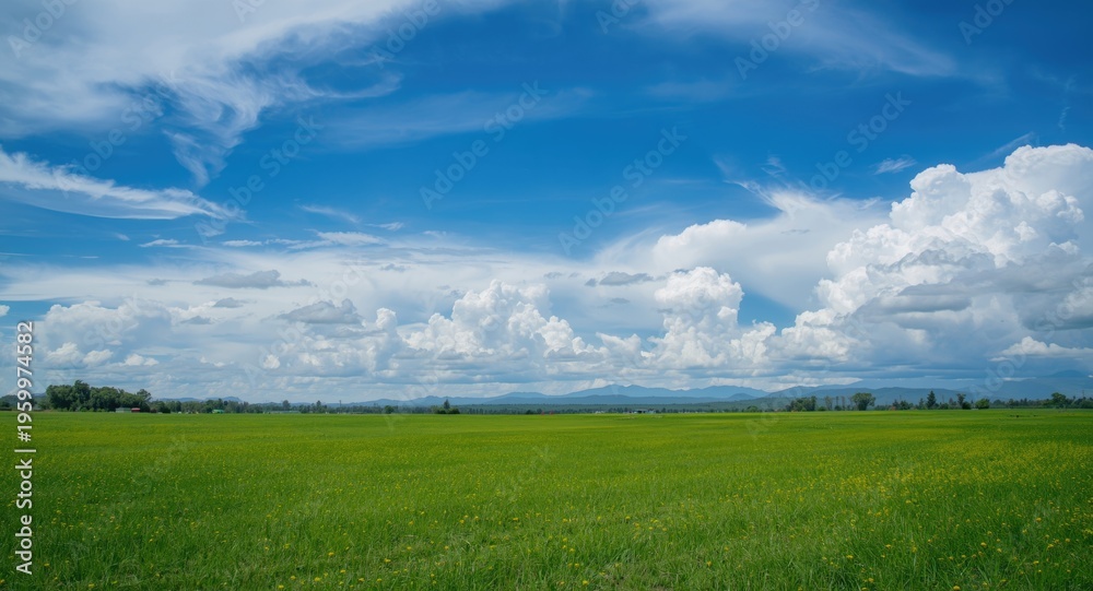 Fototapeta premium Peaceful scenic area surrounded by bright blue clouds and sky