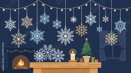Cozy Christmas Scene with Snowflakes Fireplace and Tree