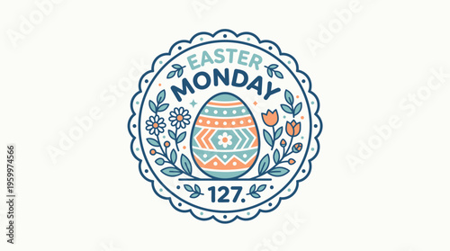 Easter Monday Decorative Badge with Egg and Floral Elements