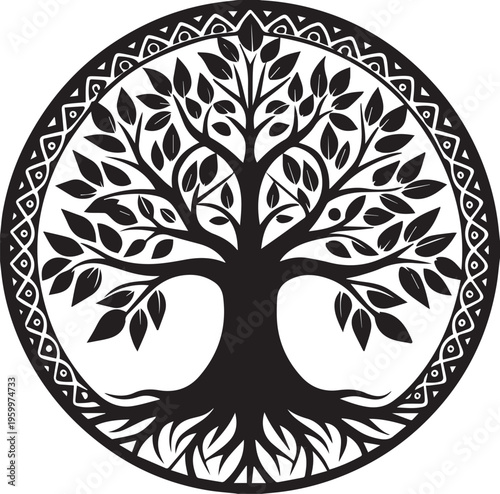 Tree with Leaf Silhouette Vector, Nature and Eco Symbol Icon Isolated Black Shape