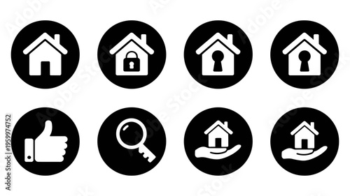 A useful array of black and white real estate icons depicting houses, security, and property search.