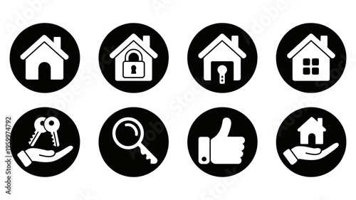 A comprehensive set of black and white real estate icons for property management and acquisition.
