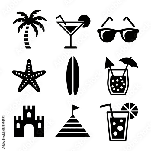 A collection of black and white icons illustrating a pleasant summer beach holiday with activities.