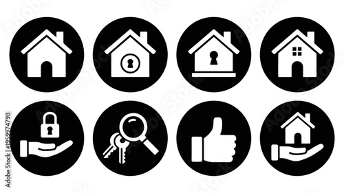 A diverse collection of black and white real estate icons representing home ownership and security.