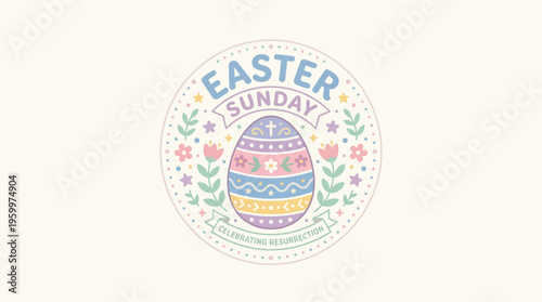 Easter Sunday Emblem with Decorative Egg and Floral Elements