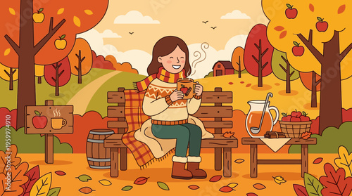 Woman Enjoying Cider in Autumn Orchard