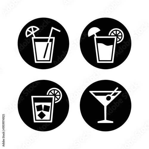 A vibrant collection of four circular black and white icons representing popular refreshing alcoholic cocktails.