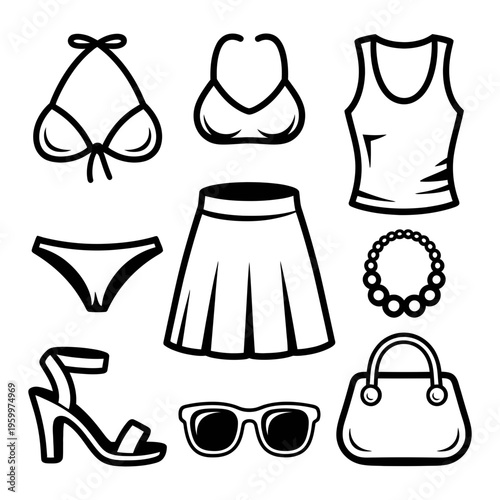 A curated ensemble of outline vector icons showcasing women's fashionable summer clothing and complementary accessories.