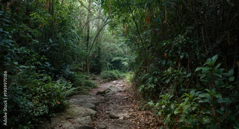 Fototapeta premium Outdoor journey through a rugged path surrounded by dense greenery