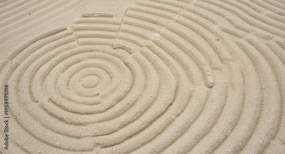 Fototapeta premium Meditative Zen Garden sandscape with circular raked patterns seen from an overhead angle
