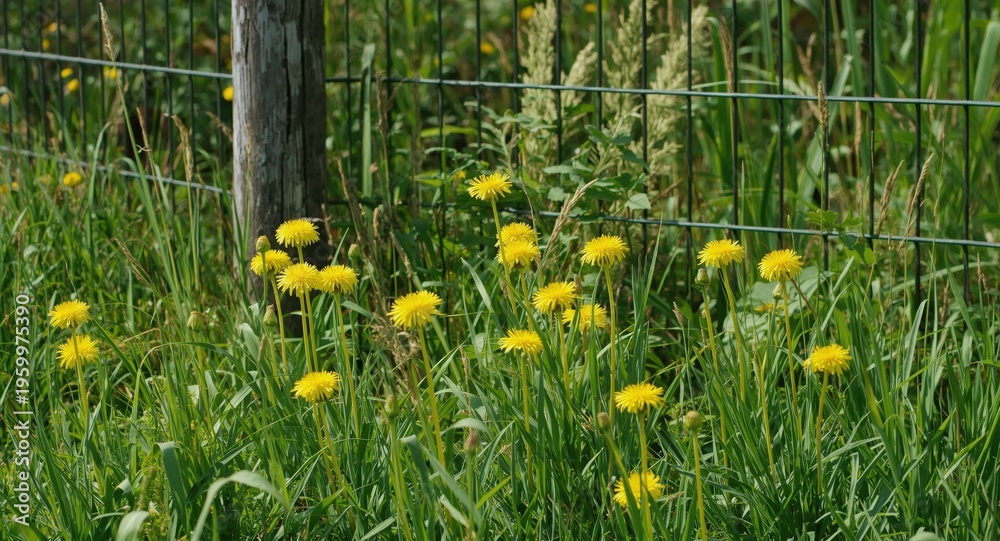 Obraz premium Nature scene of yellow dandelions blossoming near a metal fence with space for text content