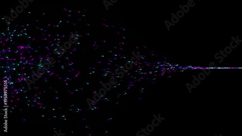 Vibrant stream of colorful glowing particles spreading dynamically across a deep dark digital space, an abstract light effect.