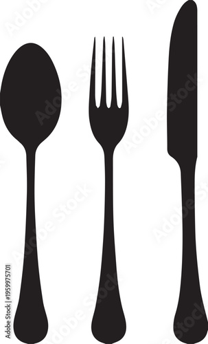 Spoon Fork Knife Silhouette Vector, Cutlery Set Icon Isolated Black Shape