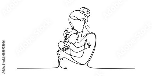 Minimalist continuous line drawing of a mother embracing her child in a tender hug