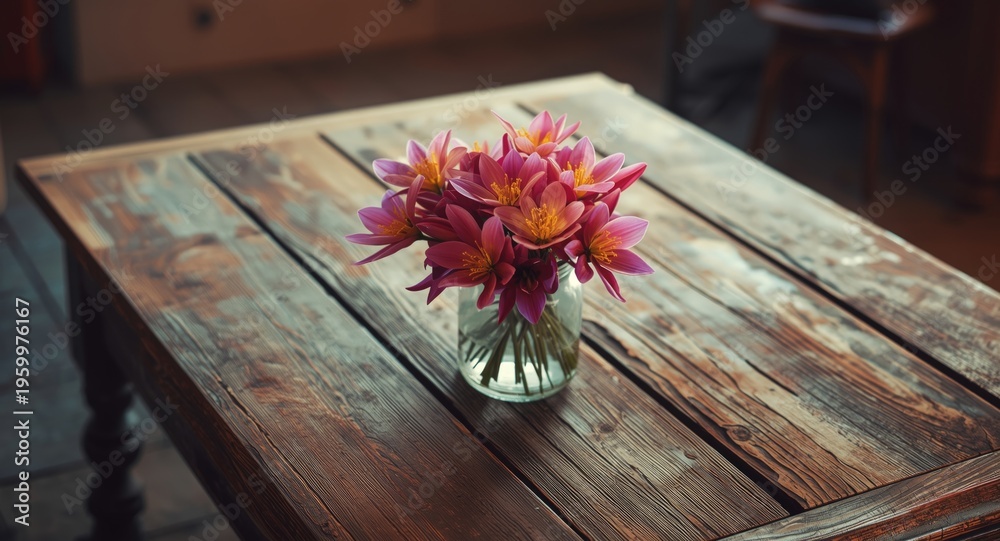 Obraz premium Rustic wooden table featuring a glass jar with vibrant flowers created using AI generative techniques