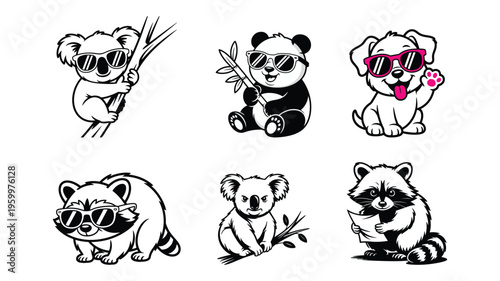 Black and white vector icons of cute koala panda puppy and raccoon wearing sunglasses.