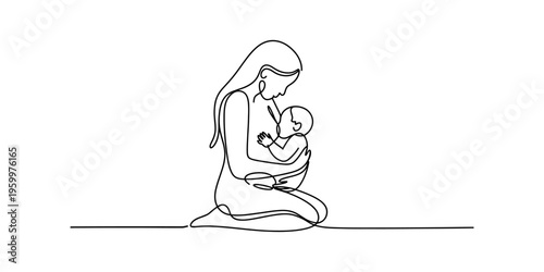 Continuous line drawing of a mother breastfeeding her infant child in a minimalist style