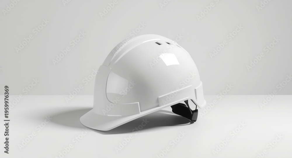 Fototapeta premium Pure white background highlighting a white plastic safety helmet with shadow accents