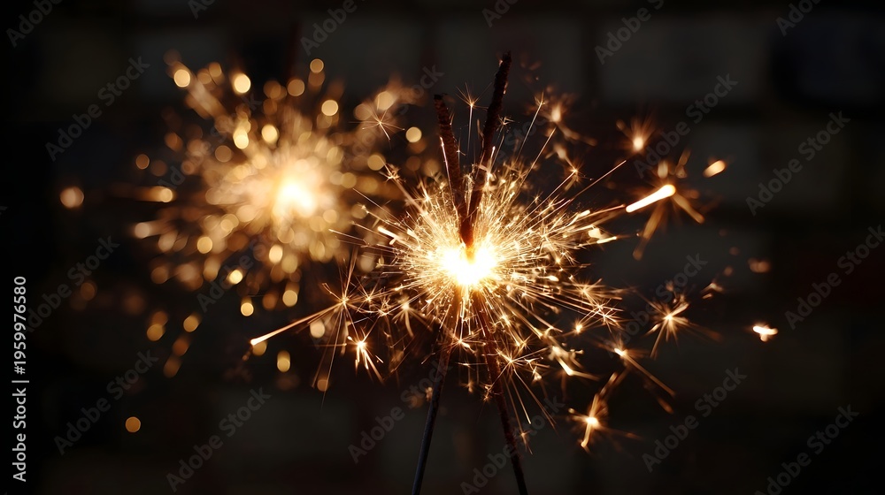 Obraz premium Close up of two lit sparklers creating a vibrant shower of golden sparks and bokeh against a dark background