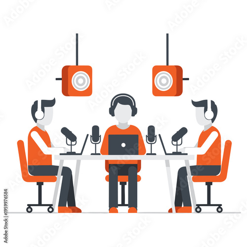 Podcast recording with three hosts, microphones, laptops, and overhead orange speakers