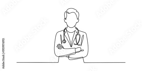 A single continuous line drawing of a professional mechanic holding a large wrench in his hands Vector, illustration