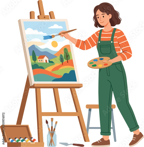Artist cheerfully paints a bright landscape scene onto a canvas supported by an.
