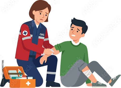 Emergency medical technician provides careful first aid treatment to an injured.