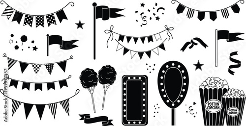 Carnival and Party Icon Set Featuring Banners, Flags, Popcorn, Cotton Candy, and Festive Decorations for Event and Celebration Designs