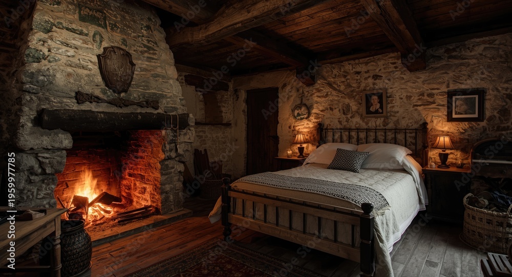 Fototapeta premium rustic medieval sleeping chamber with active hearth and flickering flames