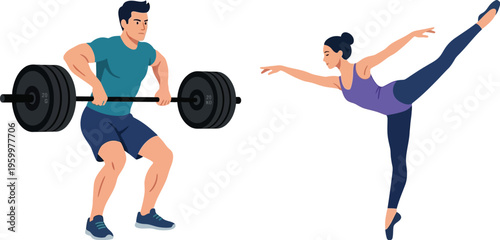 Man lifting heavy barbell contrasts with woman performing graceful ballet.