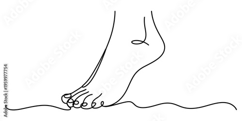 A minimalist continuous line drawing of a human foot resting on a flat horizontal ground surface Vector, illustration