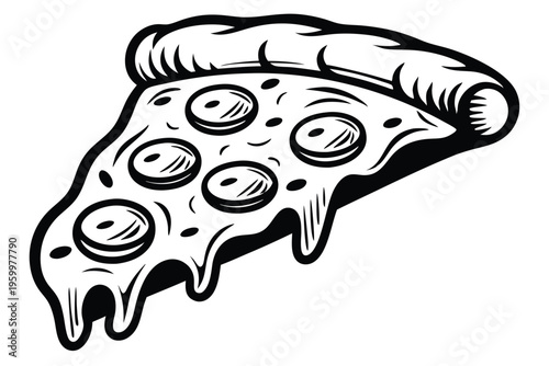 Delicious Line Art Pizza Slice Vector with Gooey Melting Cheese Illustration